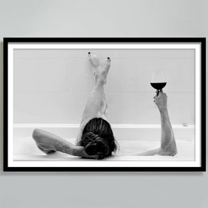 Woman Drinking Wine in Bathtub Print, Feminist Poster, Black and White, Bathroom Wall Art, Bar Print, Girls Bathroom Decor, Digital Download
