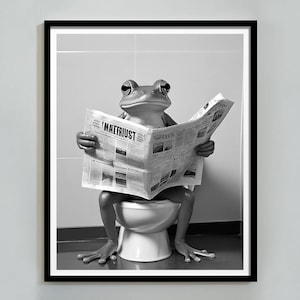 Frog Reading Newspaper on Toilet Print, Funny Bathroom Wall Art, Black and White, Funny Animal Poster, Kids Bathroom Decor, Digital Download