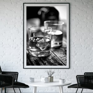 Ice in Whisky Poster, Black and White, Bar Cart Print, Alcohol Wall Art, English Pub Decor, Digital Download, Printable Vintage Bar Wall Art