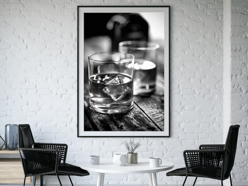 Ice in Whisky Poster, Black and White, Bar Cart Print, Alcohol Wall Art, English Pub Decor, Digital Download, Printable Vintage Bar Wall Art