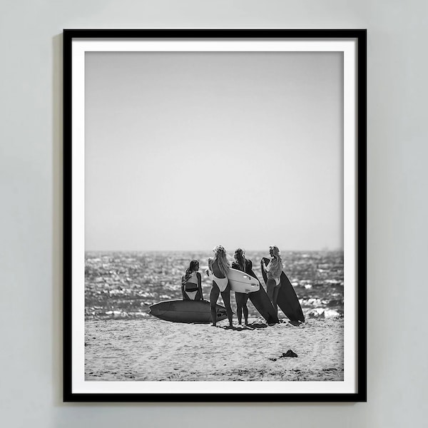 Surfer Girls Hawaii Poster, Black and White Wall Art, Beach Print, Vintage Photograph, Surfboard Wall Art, Summer Poster, Instant Download