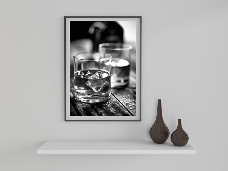 Ice in Whisky Poster, Black and White, Bar Cart Print, Alcohol Wall Art, English Pub Decor, Digital Download, Printable Vintage Bar Wall Art