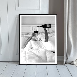 Woman Drinking Wine in Bed Print: Black and White Old Money Wall Art, Luxury Lifestyle Bar Cart Decor (Digital Download)