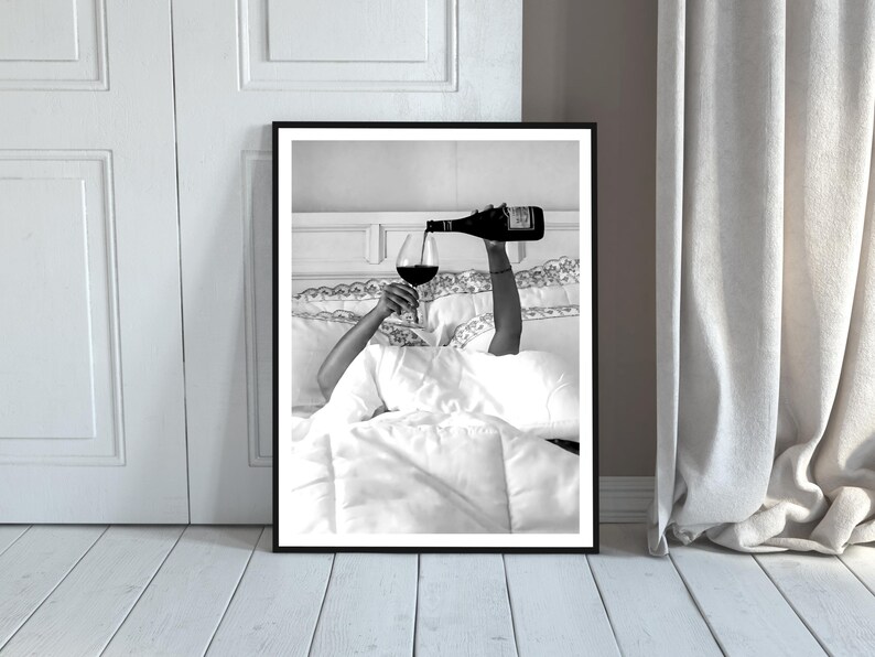 Woman Drinking Wine in Bed Print: Black and White Old Money Wall Art, Luxury Lifestyle Bar Cart Decor (Digital Download)