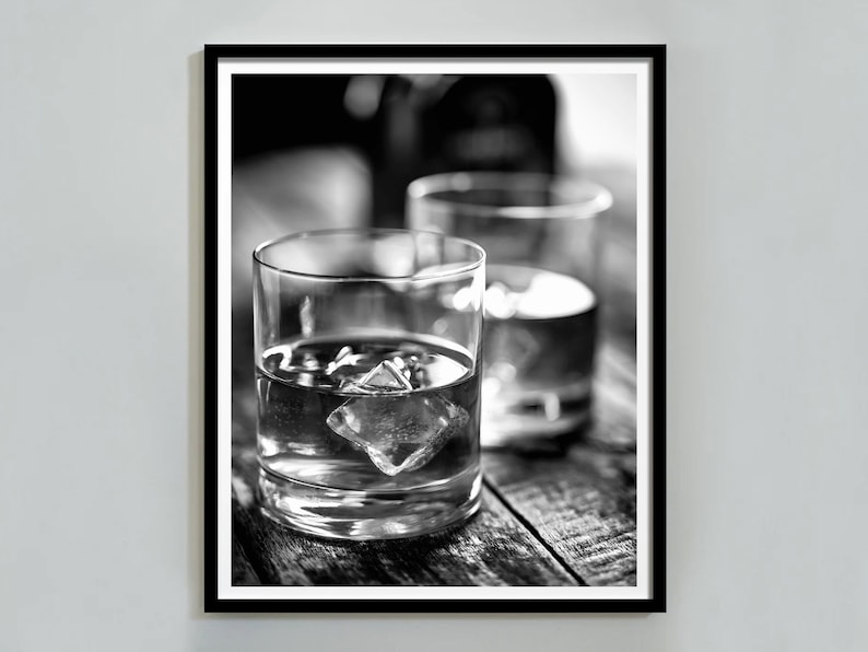 Ice in Whisky Poster, Black and White, Bar Cart Print, Alcohol Wall Art, English Pub Decor, Digital Download, Printable Vintage Bar Wall Art