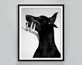Dobermann Pinscher Hund Poster, schwarz und weiß, Vintage Luxusmode Wandkunst, digitaler Download