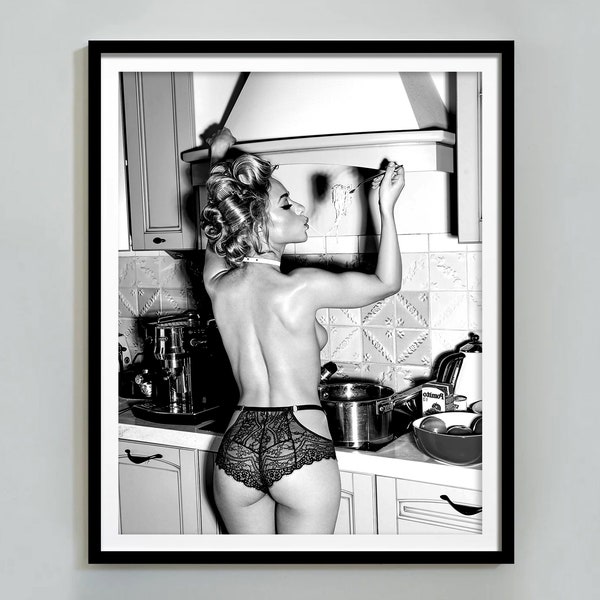 Sexy Girl Eating Spaghetti Poster, Black and White, Pasta Print, Sexy Kitchen, Wall Art, Teen Girl Room Decor, Farmhouse Kitchen, Sexy Photo