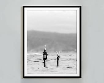 Woman With Wine in Beach Print, Feminist Poster, Bar Cart Print, Black and White, Alcohol Wall Art, Maximalist Room Decor, Digital Download