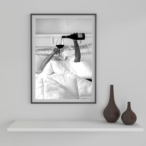 Woman Drinking Wine in Bed Print: Black and White Old Money Wall Art, Luxury Lifestyle Bar Cart Decor (Digital Download)