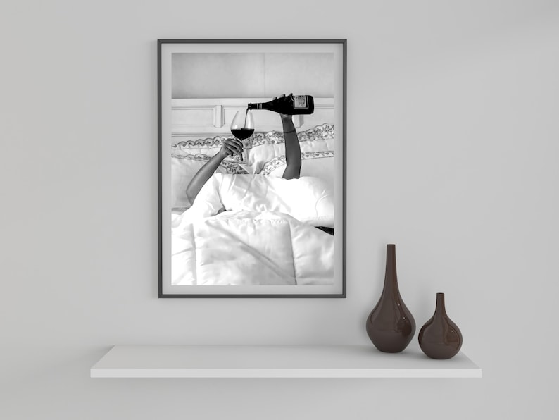 Woman Drinking Wine in Bed Print: Black and White Old Money Wall Art, Luxury Lifestyle Bar Cart Decor (Digital Download)