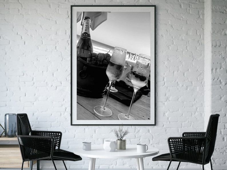 Vintage Champagne in Beach Print, Bar Cart Wall Art, Black and White
