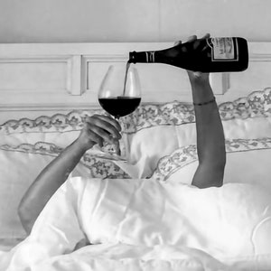 Woman Drinking Wine in Bed Print: Black and White Old Money Wall Art, Luxury Lifestyle Bar Cart Decor (Digital Download)