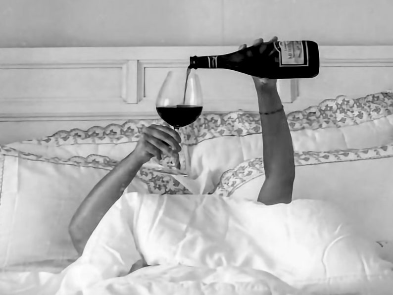 Woman Drinking Wine in Bed Print: Black and White Old Money Wall Art, Luxury Lifestyle Bar Cart Decor (Digital Download)