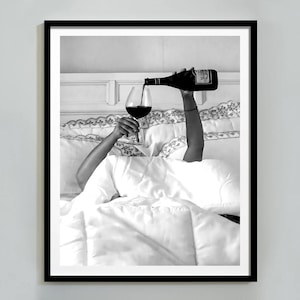 Woman Drinking Wine in Bed Print: Black and White Old Money Wall Art, Luxury Lifestyle Bar Cart Decor (Digital Download)