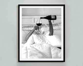 Woman Drinking Wine in Bed Print: Black and White Old Money Wall Art, Luxury Lifestyle Photography, Bar Cart Decor (Digital Download)