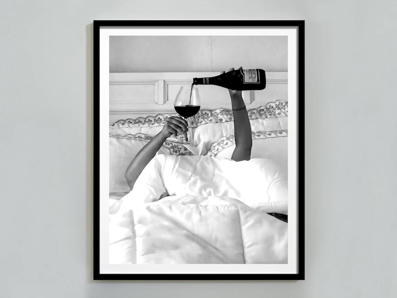 Woman Drinking Wine in Bed Print: Black and White Old Money Wall Art, Luxury Lifestyle Bar Cart Decor (Digital Download)