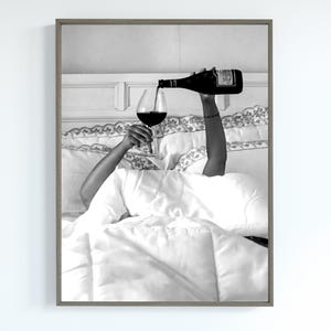 Woman Drinking Wine in Bed Print: Black and White Old Money Wall Art, Luxury Lifestyle Bar Cart Decor (Digital Download)
