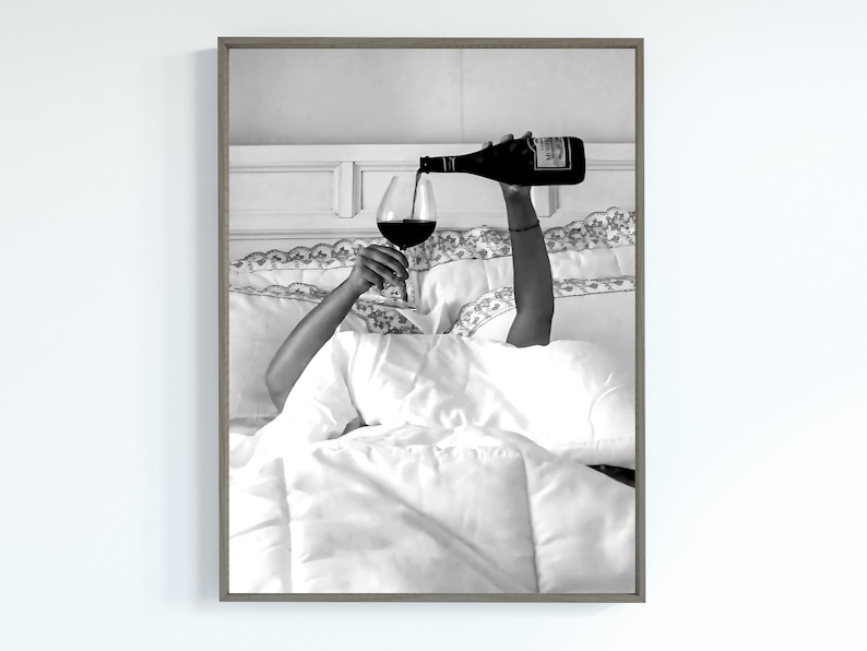 Woman Drinking Wine in Bed Print: Black and White Old Money Wall Art, Luxury Lifestyle Bar Cart Decor (Digital Download)