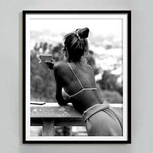 Woman Drinking Coffee in Paris Poster, Black and White, Vintage Print, Kitchen & Dining Room Wall Art, Coffee Shop Decor, Digital Download