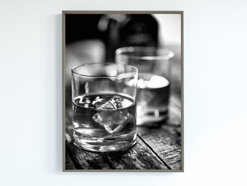 Ice in Whisky Poster, Black and White, Bar Cart Print, Alcohol Wall Art, English Pub Decor, Digital Download, Printable Vintage Bar Wall Art