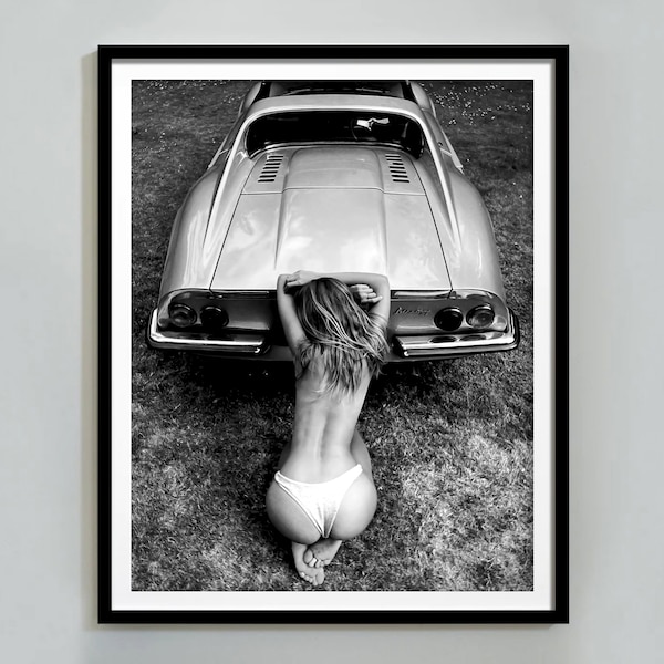 Woman on Classic Car Poster, Black and White, Fashion Photography, Feminist Print, Sexy Wall Art, Teen Girl Bedroom Decor, Digital Download