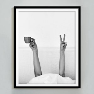 Woman Drinking Coffee in Bed Print, Feminist Poster, Black and White, Coffee Shop Decor, Dining Room Art, Kitchen Wall Art, Digital Download