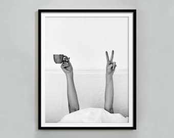 Woman Drinking Coffee in Bed Print: Black and White Bedroom Wall Art, Digital Download