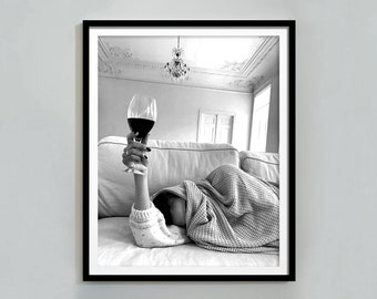 Woman Drinking Wine in Bed Print, Bar Cart Wall Art, Black and White, Alcohol Poster, Teen Girl Room Decor, Bedroom Wall Art, Feminist Print