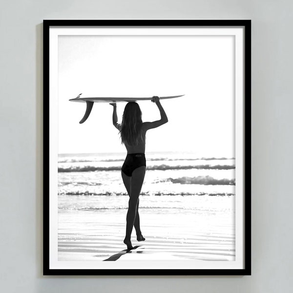 Black and White Surfer Print, Vintage Beach Wall Art, Surf Poster, Feminist Print, Teen Girl Wall Art, Maximalist Decor, Digital Download