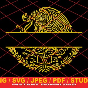Puede incluir: Un diseño de monograma dividido que presenta un águila dorada estilizada con las alas extendidas y un cactus dorado estilizado con hojas. El diseño está sobre un fondo negro.