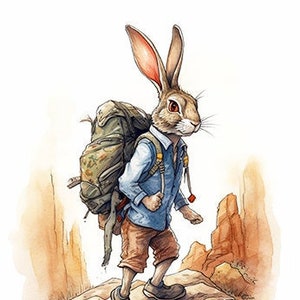 Jackrabbit Hare Hiking in the Badlands, Outdoor Enthusiast, Adventurous Trekker Jackrabbit Hare, Camping Hare, Wall Art -- Digital Download