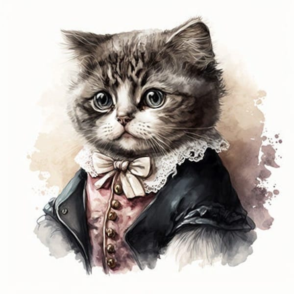 Ragamuffin Cat in Fancy Clothing, Well-Dressed Kitten, Elegant Cat, Cute Kitty, Wall Art -- Digital Download