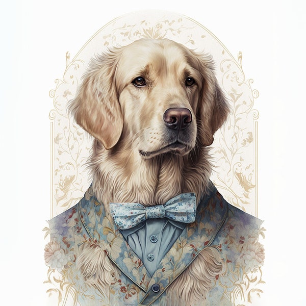 Golden Retriever in Elegant Formal Attire, Well-Dressed Pet Dog, Handsome K-9, Cute Puppy in Suit, Wall Art -- Digital Download