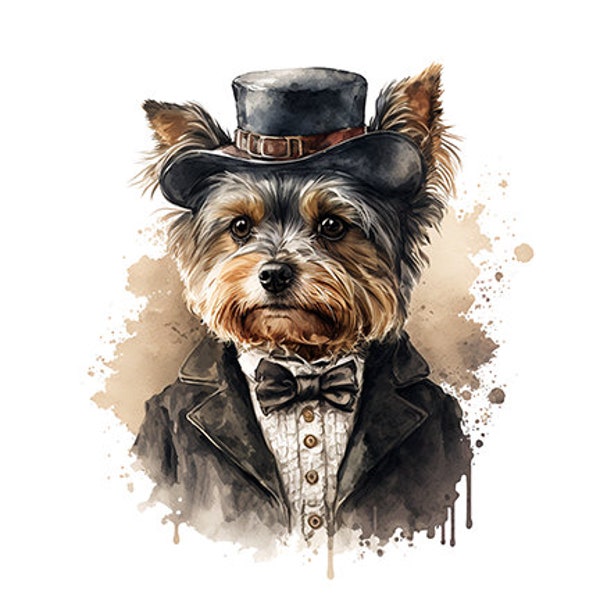 Yorkshire Terrier Dog in Fancy Clothing, Well-Dressed Pet Dog, Elegant K-9, Cute Puppy in Suit, Wall Art -- Digital Download