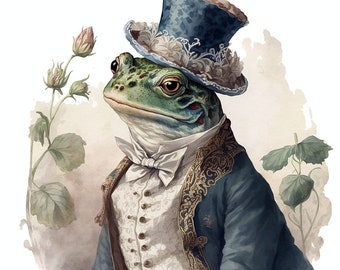 Frog in Fancy Clothing, Well-Dressed Gentleman Frog, Elegant Prince Frog, Wall Art -- Digital Download
