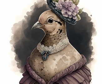 Mourning Dove in Fancy Clothing, Elegant Vintage Wildlife Art, Cute Backyard Bird Watercolor, Avian Wall Art -- Digital Download