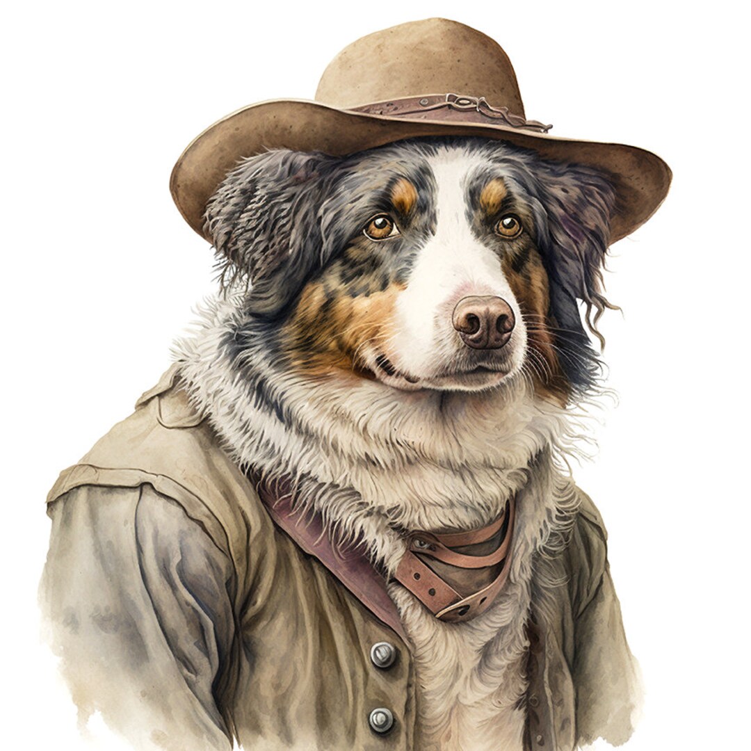 Australian Shepherd in Rugged Clothing Well dressed Pet Aussie Dog Outback K 9 Cute Puppy in Hat Wall Art Digital Download Etsy Canada