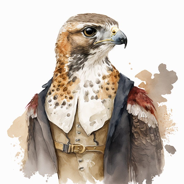 Red-Tail Hawk in Fancy Clothing, Elegant Vintage Wildlife Art, Cute Backyard Bird Watercolor, Avian Wall Art -- Digital Download