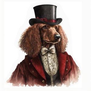 Red Poodle Dog in Fancy Clothing, Well-Dressed Pet Dog, Elegant K-9, Cute Puppy in Suit, Wall Art -- Digital Download