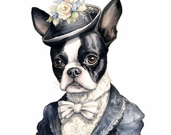 Boston Terrier in Fancy Clothes, Well-Dressed Pet Dog, Elegant K-9, Cute Puppy in Suit, Wall Art -- Digital Download