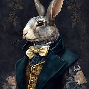 Gentleman Rabbit in Fancy Clothing, Well-Dressed Rabbit, Elegant Bunny, Easter Bunny in Fancy Dress, Portrait Wall Art -- Digital Download