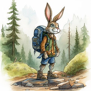 Adventurous Jackrabbit Hiking in the Black Hills, Outdoor Enthusiast, Travel, Camping Backpacking Rabbit, Wall Art -- Digital Download