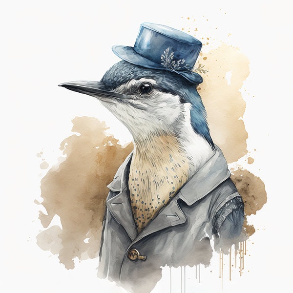 Nuthatch in Fancy Clothing, Elegant Vintage Wildlife Art, Cute Backyard Bird Watercolor, Avian Wall Art -- Digital Download