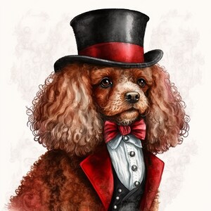 Red Poodle Dog in Fancy Clothing, Well-Dressed Pet Dog, Elegant K-9, Cute Puppy in Suit, Wall Art -- Digital Download