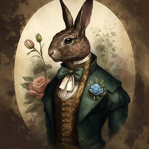 Gentleman Rabbit in Fancy Clothing, Well-Dressed Rabbit, Elegant Bunny, Easter Bunny in Fancy Dress, Portrait Wall Art -- Digital Download