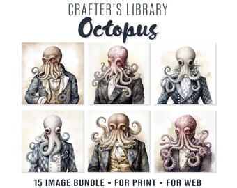 MULTI-PACK -- Crafter's Library -- Octopus 01 -- Vintage Gentleman Octopus -- Ocean Sea Steampunk Beach Hipster Swanky -- Digital Download