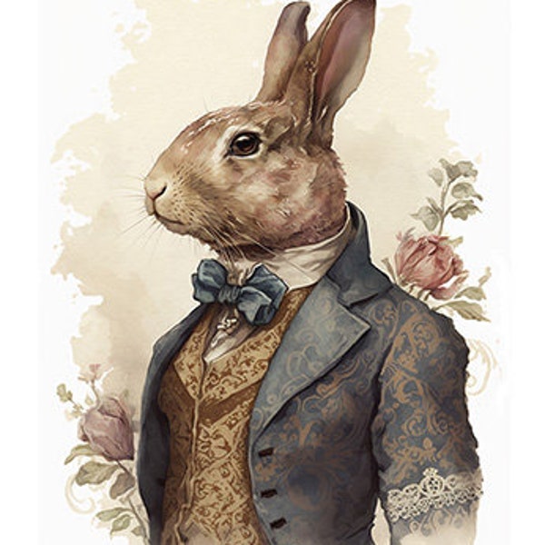 Gentleman Rabbit in Fancy Clothing, Well-Dressed Rabbit, Elegant Bunny, Easter Bunny in Fancy Dress, Portrait Wall Art -- Digital Download