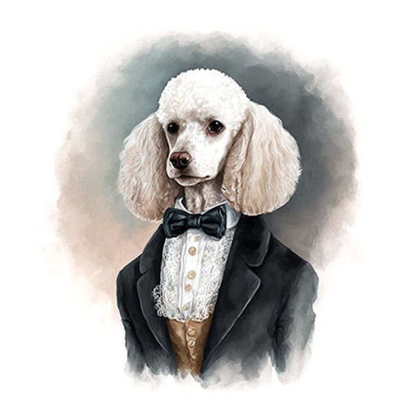 White Poodle Dog in Fancy Clothing, Well-Dressed Pet Dog, Elegant K-9, Cute Puppy in Suit, Wall Art -- Digital Download