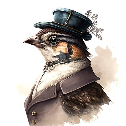 Sparrow in Fancy Clothing, Elegant Vintage Wildlife Art, Cute Backyard Bird Watercolor, Avian Wall Art -- Digital Download