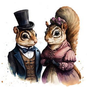 Chipmunk Couple in Fancy Clothing, Elegant Chipmunks, Cute Wildlife Valentine, Wall Art -- Digital Download